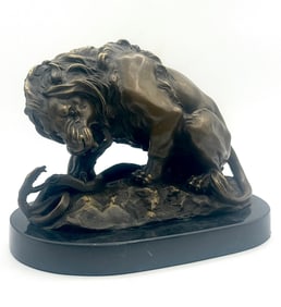 Large Signed BAYRE Lion Eating a Snake Bronze Sculpture