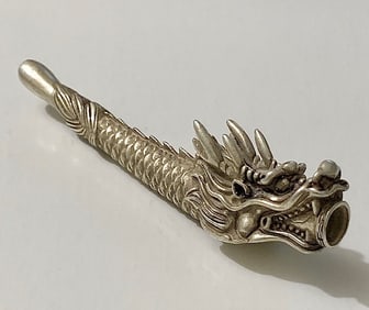 Old Hallmarked Tibetan Silver Dragon Tobacco Pipe Rod