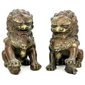 Pair of Old Bronze Chinese Guardian Imperial Foo Dog Lion
