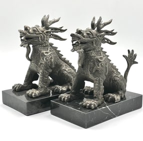 Vintage Cast Iron Tomb Guard Foo Dogs Sitting on a Marble Base
