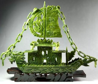 Large Hand Carved Ornate JADE Chinese Dragon Boat