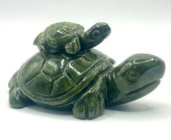 Vintage Hand Carved Ornate Natural Jade Mom and Baby Turtles