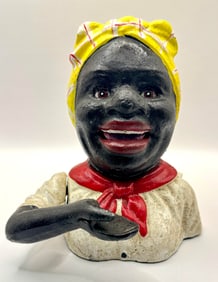 Signed Black Americana Aunt Jemima Cast Iron Mechanical Coin Bank
