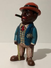 Vintage Black Americana Cast Iron Jazz Man w/Cigar Still Coin Bank