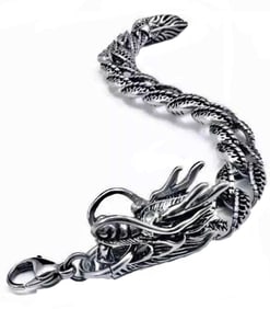 Ornate Silver Tone Mens Dragon Bracelet