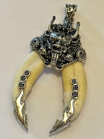 Handmade Large Boars Head Tooth Silver Ward off Evil Pendant