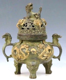 Early Chinese Hallmarked Foo Dog Top Bronze Censor