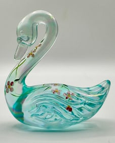 Stunning FENTON Artist Signed Hand Painted Iridescent Art Glass Swan