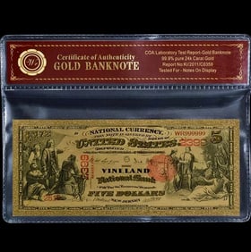 1875 Vineland Lab Tested 24k Gold $5 U.S. Banknote