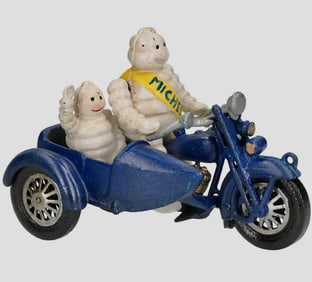 Vintage Cast Iron Toy Michelin Men on Motorcycle with Side Car