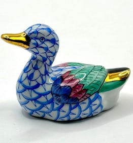 Beautiful HEREND Hungary Blue Colored Fishnet Porcelain Duck