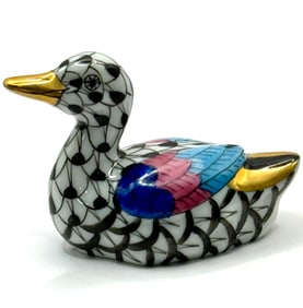 Beautiful HEREND Hungary Black Colored Fishnet Porcelain Duck