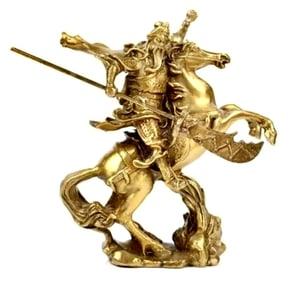 Ornate Gilt Bronze Guan Gong Guan Yu Warrior on Horseback Statue