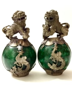 Pair of Chinese Handmade Jade/Tibetan Silver Foo Dogs