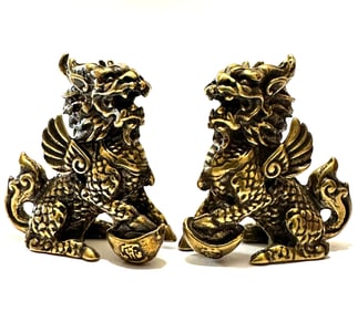 Lot of 2 Early Mini Curio Bronze Pixiu Foo Dog Lions