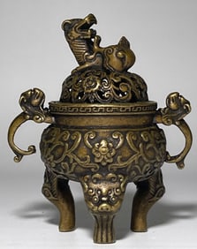 Vintage Chinese Bronze Foo Dog Top Mini Censer