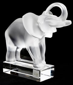 Large LALIQUE France Frosted Crystal Trunk Up Elephant Sculpture