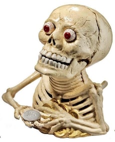 Bugged Out Eyes Skeleton Cast Iron Mechanical Coin Bank