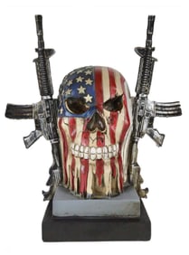 Patriotic American Military Skull Statue on Base with 2 Rifles