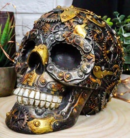 Steampunk Time Machine Geared Clockwork And Chains Skull Statue