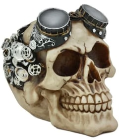 Steampunk Pilot Aviator Cyborg Skull with Painted Robotic Gearwork