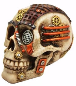 Steampunk Painted Gear Clockwork Cyborg Skull with Hidden Stash Drawer