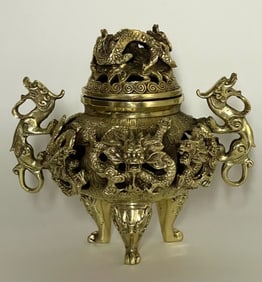 Large Gold Dueling Dragons Censer w/Old Chinese Hallmarks