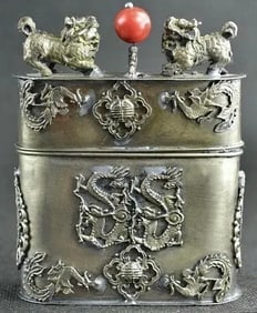 Old Chinese Hallmarked Tibetan Silver Dragon vs Phoenix Tobacco Snuff Box