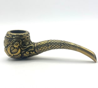 Vintage Bronze tone Embossed Chinese Buddha Tobacco Pipe
