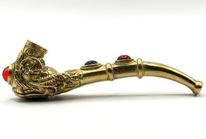 Vintage Gold tone Dragon Jeweled Tobacco Smoking Pipe