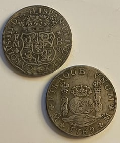 Dated 1769 Spanish Philip 8 Reales Silver tone Coin