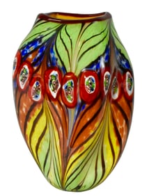 MURANO Feathers of a Peacock Pinched Blown Art Glass Vase