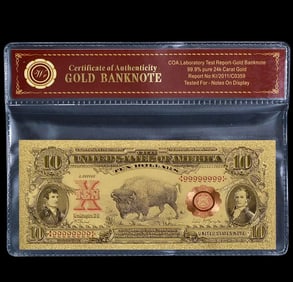 1901 Lab Tested 24k Gold Clad Bison $10 Banknote