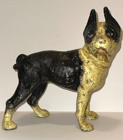 Vintage Large Cast Iron Boston Terrier Dog Coin Bank with Great Patina