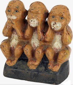 Vintage See-Hear-Speak No Evil Monkeys Cast Iron Coin Bank