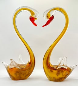 Pair of Vintage Gold Spun MURANO Blown Art Glass Swans