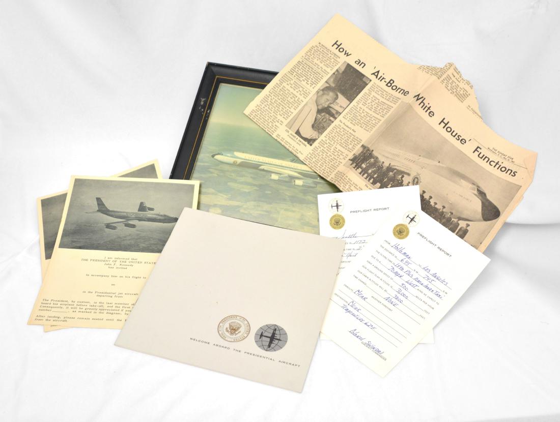 Air Force One Misc. Items: Assorted items from Air Force One circa 1961-1963. Included is an official Air Force One pamphlet, two preflight reports with the expected conditions and altitutes written in blue ink by the Aircraft