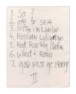 Numbered set list written by Jerry Garcia: A set list written by Jerry Garcia, believed to be from when Jerry Garcia, of the Grateful Dead, played the Warfield Theater in San Francisco in 1991. The songs that are listed are, "1. So?," "2. Off