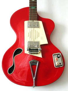 c. 1961 Wandre BB: 1961 Wandre model BB hollowbody, twin pick-ups, bright red, excellent original condition. Comes with a black form-fitting case. Notable on this guitar are the fantastic f-hole shapes, twin Davoli