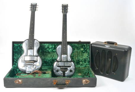 Three-pc set 1930s Rickenbacker guitars and amp: Historical and fine condition set of very early 1930's Rickenbacker Electro-Spanish guitars, and 1930's Rickenbacker amplifier. Two of the earliest production solidbody electric guitars ever made. 