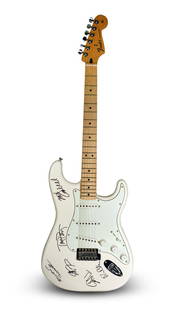 Tom Petty and the Heartbreakers signed Fender: A white Fender Stratocaster signed by Tom Petty and the members of his band the Heartbreakers. Serial #MX17905635. This guitar was donated by Fender to the Save Starlight Initiative, an organization