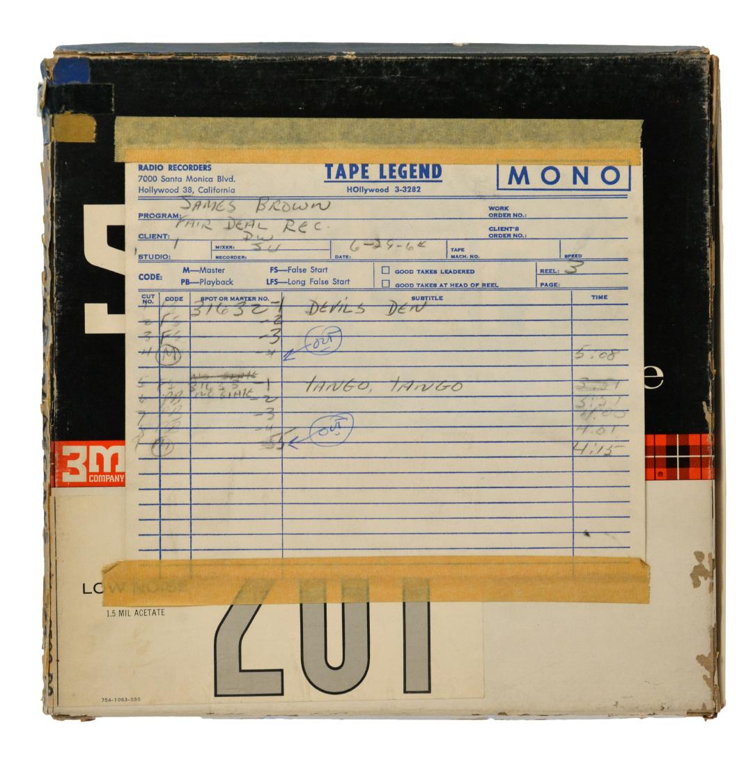 1964 James Brown Grits & Soul Mono Tape: Extremely rare original 1964 James Brown Grits & Soul Mono Tape. Tracks: "Devil's Hideaway" (this song was improperly identified by the engineer as "Devil's Den" and "Tengo Tango" (this song was impro