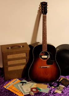 1944 Gibson J45 Banner & '45 Gibson BR-6 Amp: 1944 Gibson model J45 Acoustic flat top guitar, sunburst, with rare "banner" headstock. Includes original hard black case, rope strap, special cable & vintage DeArmond chrome plus white soundhole