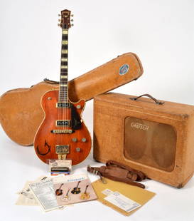 1955 Gretsch Round-Up guitar & 1955 Gretsch tweed amp: 1955 Gretsch Round-Up, Model 6130 with original tweed case, plus matching Gretsch 1955 tweed Electromatic Twin amplifier. Made for less than two years, from 1954 to mid-55, and based on the rare