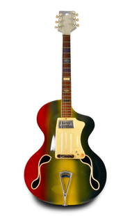 c. 1962 Wandre "BB": c. 1962 Wandre "B.B." in a very rare vertical multi-color hand-painted finish of red, yellow, green. Hollowbody, with double wild-shaped f-holes. Davoli pick-ups. Ivoroid pickguard. And the coolest