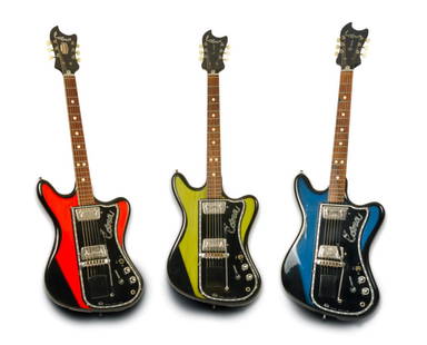 3 Vintage 1960s Wandre "Cobra" Guitars: An impressive set of three Wandre "Cobra" guitars. Each has beautiful, unique colors, and together they form a beautiful set. c. 1964 Wandre "Cobra" guitar, very rare blue and black. Excellent-fine