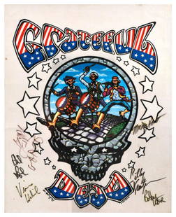 Grateful Dead Poster signed by all members of the band: A Grateful Dead poster signed by all the members of the Grateful Dead in the 1990s. Signatures read: "Jerry Garcia," "Mickey Hart," "Bobby Weir," "Billy Kreutzmann," and "Vince Welnick." With the