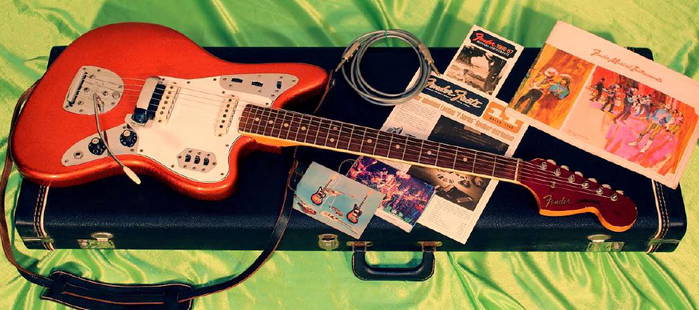 1966 Jaguar, in rare factory original Orange Sparkle: 1966 Fender Jaguar, rare factory-original Orange-Gold Sparkle, and near-mint. This guitar is simply spectacular. One of just two or three original 1960's Fender guitars ever finished in this blazing c