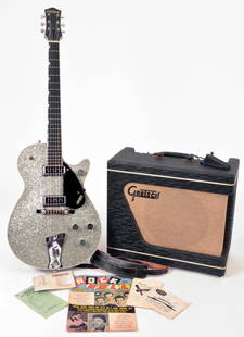 1958 Gretsch SilverJet and 1959 Gretsch Amp: 1958 Gretsch Silver-Jet single-cutaway, original and in fine condition, with included 1959 Gretsch amplifier and more. With its Gibson Les Paul-inspired mahogany body, the vintage Gretsch SilverJet bo