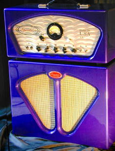 1999 Speedster Deluxe amplifier: A 1999 Speedster Deluxe, deep cobalt violet-blue, near mint and all original, with original covers, paperwork, footswitch, and more. One near-invisible small area of touch-up on one edge-curve. 